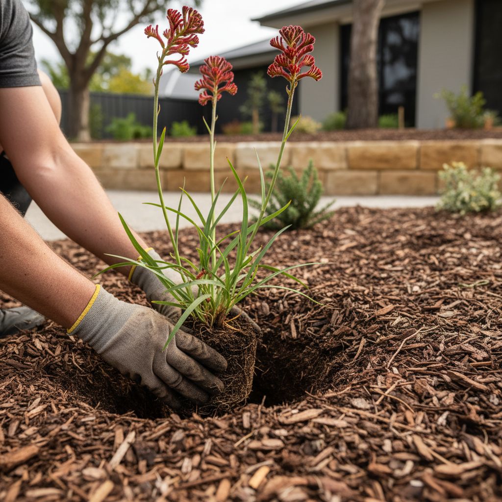 Landscaper planting a native shrub close-up
