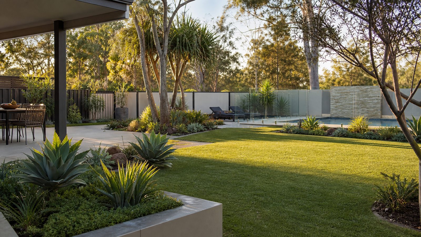 Completed backyard with deck, garden beds and paving